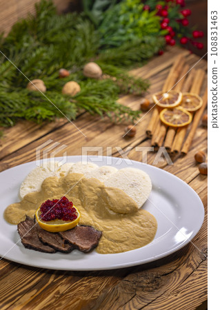 sirloin with cream sauce and dumplings sirloin with cream sauce and dumplings 108831463