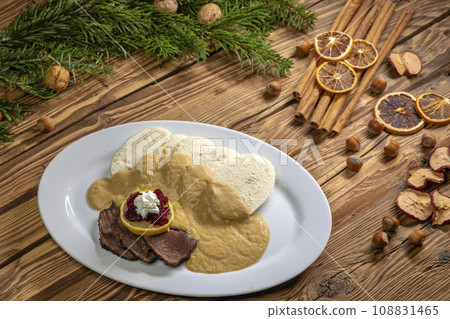 sirloin with cream sauce and dumplings sirloin with cream sauce and dumplings 108831465