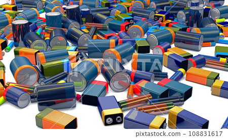 Pile of consumer batteries of different types - 3d illustration 108831617