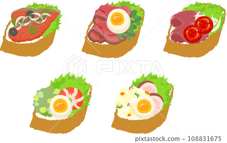 Icon of a delicious-looking cute open sandwich using smoked salmon, roast beef, etc. 108831675