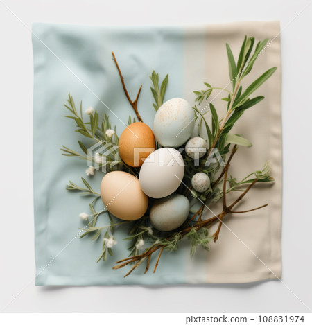 Composition with beautiful pastel colored Easter eggs, spring plant leaves and cloth on grey background 108831974