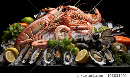 Raw fish shrimp oysters mussels shells on ice 108831991
