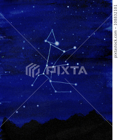 Hand-drawn starry sky illustration of the winter constellation Canis Major Sirius painted in watercolor 108832101