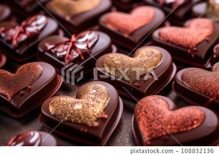 Set with delicious heart shaped chocolate candies. Generative AI Set with delicious heart shaped chocolate candies. Generative AI 108832136