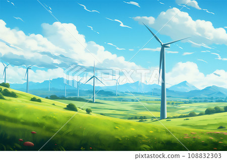 Wind farm or wind park in a field with green grass 108832303