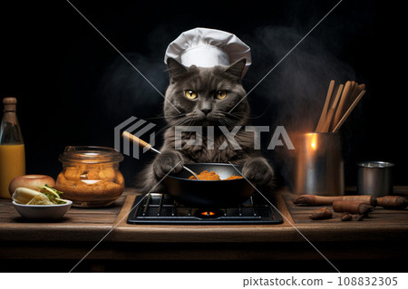 Gray cat wearing chef hat and cooking in kitchen with various pots and pans Gray cat wearing chef hat and cooking in kitchen with various pots and pans 108832305