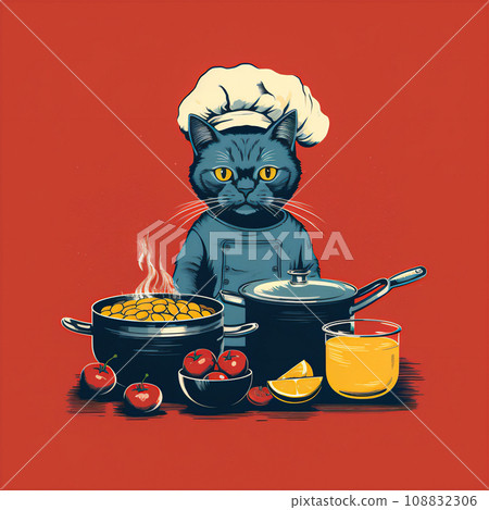 Cartoon cat wearing chef hat and cooking in kitchen with various pots and pans Cartoon cat wearing chef hat and cooking in kitchen with various pots and pans 108832306