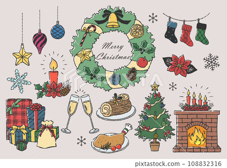 Cute Christmas illustration material hand drawn line drawing 108832316