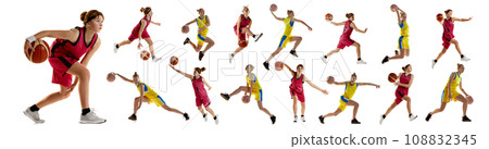 Collage made of two young girl, professional basketball players in motion during game isolated over white background 108832345