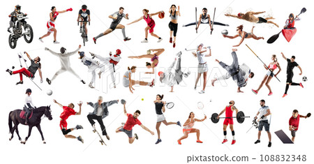 Collage made of different people, men and women, professional athletes in divers kind of sports isolated over white background. Competition, sport, match 108832348