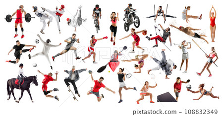 Collage made of different people, men and women, professional athletes in divers kind of sports isolated over white background. Competition, sport, match 108832349