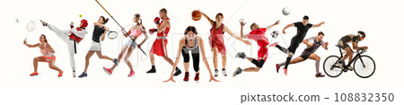 Collage with different people, professional athletes in motion, training isolated on white background. Competition, sport, match 108832350