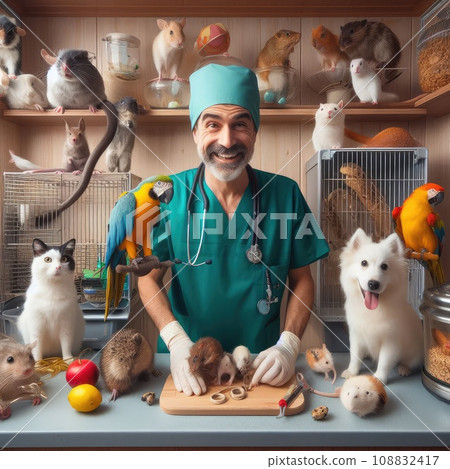 photo of pet clinic full of parrots hamster rats cats dogs and a fat snake 108832417