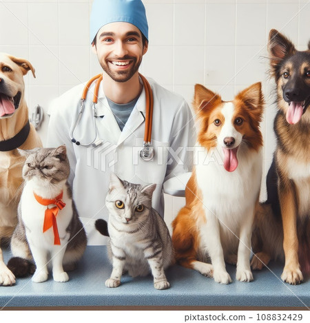 photo of dogs cats and other home animals sitting on chairs waiting in a queue to pets clinic photo of dogs cats and other home animals sitting on chairs waiting in a queue to pets clinic 108832429