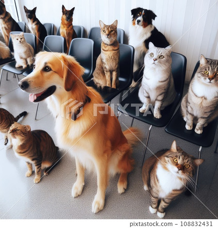 photo of dogs cats and other home animals sitting on chairs waiting in a queue to pets clinic 108832431