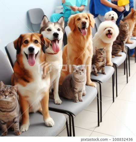 photo of dogs cats and other home animals sitting on chairs waiting in a queue to pets clinic 108832436