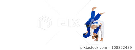 Banner. Two men professional judoist training, fighting performs technical skill isolated white studio background. Copy space for ad, text 108832489