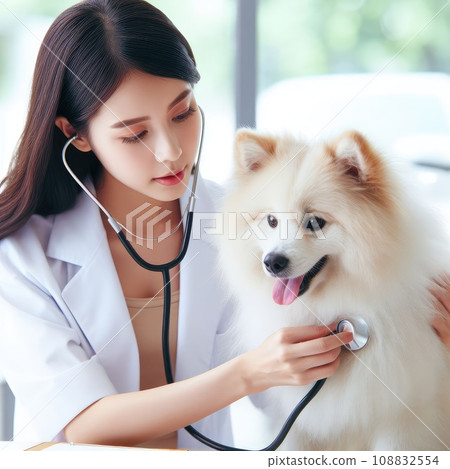 Vet examining dog and cat. Puppy and kitten at veterinarian doctor. Pet check up and vaccination 108832554