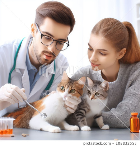 Vet examining dog and cat. Puppy and kitten at veterinarian doctor. Pet check up and vaccination Vet examining dog and cat. Puppy and kitten at veterinarian doctor. Pet check up and vaccination 108832555