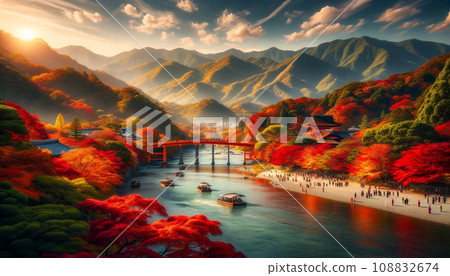 Arashiyama's autumn leaves illuminated by the morning sun 108832674