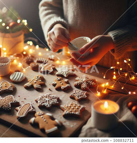 Gingerbread dough with metal cutters in different shapes for christmas cookies and wooden rolling 108832711