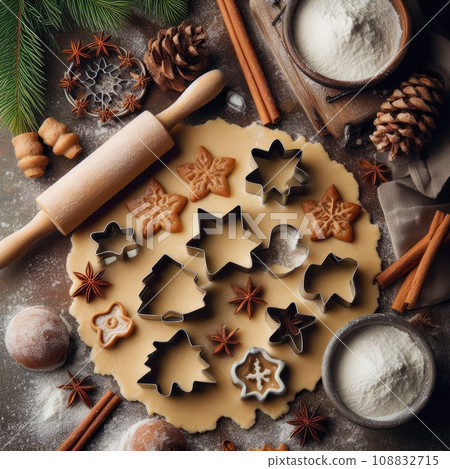 Gingerbread dough with metal cutters in different shapes for christmas cookies and wooden rolling 108832715