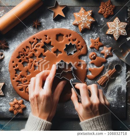 Gingerbread dough with metal cutters in different shapes for christmas cookies and wooden rolling 108832718
