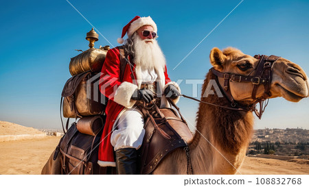 Israel. Santa Claus rides a camel in Jerusalem. Christmas.  108832768
