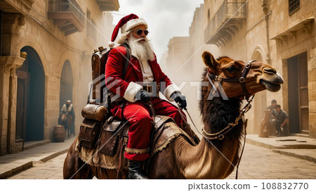 Israel. Santa Claus rides a camel in Jerusalem. Christmas.  108832770