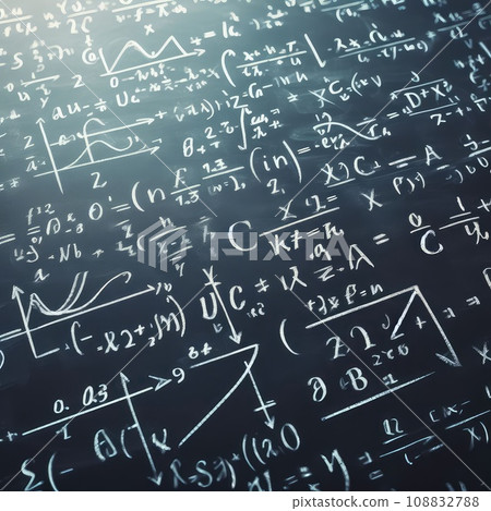 Close up of math formulas on a blackboard Close up of math formulas on a blackboard 108832788