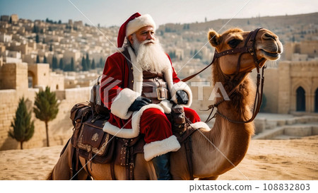 Israel. Santa Claus rides a camel in Jerusalem. Christmas.  108832803
