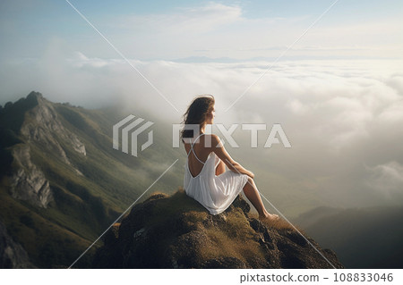 Girl sitting a top a peak, immersed in clouds. Generative AI. 108833046