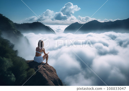 Woman meditating on a mountain cliff at sunrise. Generative AI. 108833047