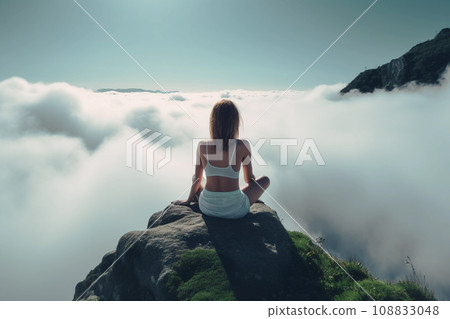 Young woman meditating on a mountain for self-awareness and self-discovery. Generative AI. 108833048