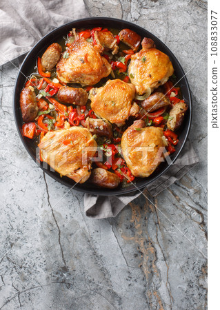Chicken Scarpariello is a classic Italian-American dish with juicy chicken thighs, sweet Italian sausage, and a vinegary, sweet-sour sauce closeup on the plate. Vertical top view Chicken Scarpariello is a classic Italian-American dish with juicy chicken thighs, sweet Italian sausage, and a vinegary, sweet-sour sauce closeup on the plate. Vertical top view 108833077