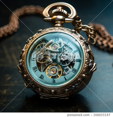 Luxurious golden pocket watch. 3d render. Concept render of a luxury golden watch with a gorgeous design. Macro shot of a Male's pocket watch, with a complex pattern and expensive gems. Ai generated. Luxurious golden pocket watch. 3d render. Concept render of a luxury golden watch with a gorgeous design. Macro shot of a Male's pocket watch, with a complex pattern and expensive gems. Ai generated. 108833147