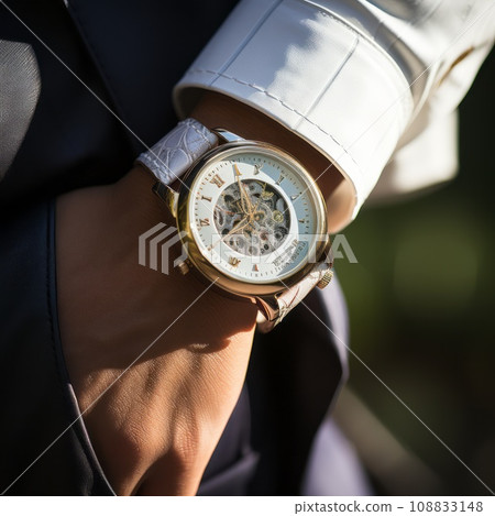 Luxurious golden watch on the wrist of a wealthy businessman in a classical suit. Closeup shot of a golden wristwatch with a gorgeous design on a male hand. The Male's watch, with bright gold colors. Luxurious golden watch on the wrist of a wealthy businessman in a classical suit. Closeup shot of a golden wristwatch with a gorgeous design on a male hand. The Male's watch, with bright gold colors. 108833148