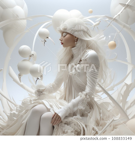 Closeup fantasy art of a girl in a plain white fantasy setting. Closeup portrait of a white girl with beautiful milk-colored clothes on a light background. Fiction painting. Closeup fantasy art of a girl in a plain white fantasy setting. Closeup portrait of a white girl with beautiful milk-colored clothes on a light background. Fiction painting. 108833149