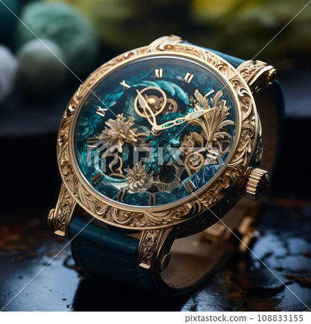 Luxurious golden watch on a dark background. 3d render. Concept of a modern golden wristwatch with a gorgeous design.  The Male's watch, with bright gold colors, contrasts with a dark leather strap. 108833155