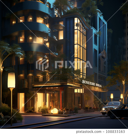 AI生成的夜間漂浮在市中心的商務酒店插圖 108833163