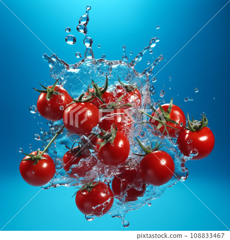 Fresh cherry tomatoes in water splash. Red tomatoes falling in water splash on blue background.  Fresh Vegetables  in water splashes, close up. Healthy food concept. AI generated image. 108833467