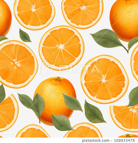 Fresh and vibrant seamless pattern of orange fruit and leaves on a white background 108833478
