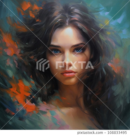 Art oil portrait of a beautiful woman with bright make-up and  long hair. Art painted  Portrait of beautiful girl. Digital painting. Illustration of a beautiful girl with oil paints. 108833495