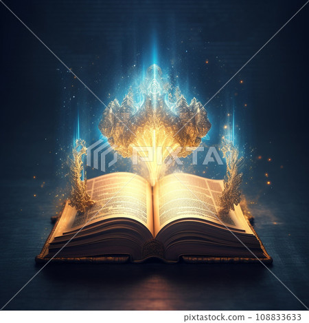 Opened old ancient  book on a wooden table with magic firework over dark background. Fantasy illustration. An ancient book of mystical powers, knowledge, witchcraft, otherworldly forces. AI generated 108833633