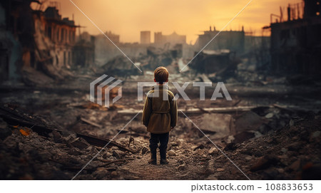 Child in a dirty clothes stands looks to destroyed city after the war, rear view.  A lonely boy standing against the background of a bombed out fuming city. Human suffering and war. AI generated 108833653