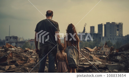 A family stands in front of a destroyed city after the war, rear view.  The survivors stand against the backdrop of a bombed smoking city. Human suffering and war. Created by artificial intelligence 108833654