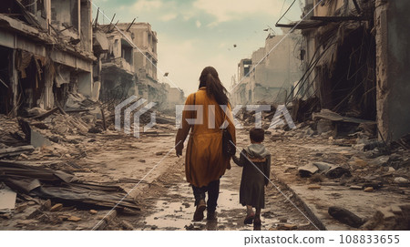 Mother with child walk through the city destroyed after the war, rear view.  Mom and daughter walk against the backdrop of a bombed-out city. Human suffering and war. Created by AI 108833655