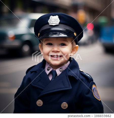 Portrait of a cute little boy in police uniform on the street. Cute happy little boy dressed as a police officer on the street of the city. Young  cheerful boy dressed up as a police officer, outdoors 108833662