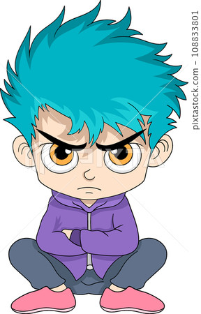 The turquoise-haired little boy was angry while squatting 108833801
