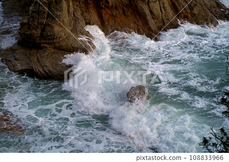 Element. Storm waves on the sea.Texture of the stormy sea. Beautiful texture of big power dark waves with white foam. Element. Storm waves on the sea.Texture of the stormy sea. Beautiful texture of big power dark waves with white foam. 108833966